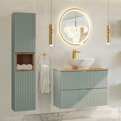Ensemble meuble simple vasque 80cm 2 tiroirs et colonne Jade Vert et Bois
