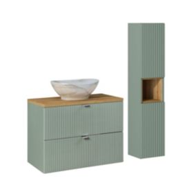 Ensemble meuble simple vasque 80cm 2 tiroirs et colonne Jade Vert et Bois