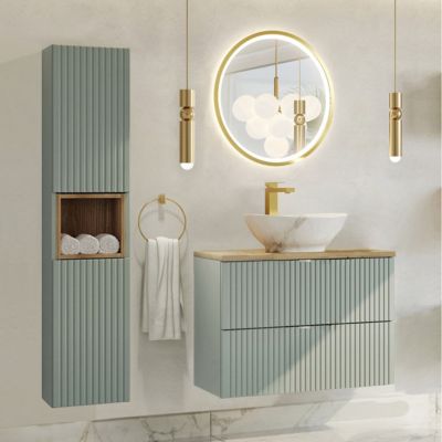 Ensemble meuble simple vasque 80cm 2 tiroirs miroir LED et colonne Jade Vert et Bois