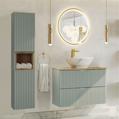 Ensemble meuble simple vasque 80cm 2 tiroirs miroir LED et colonne Jade Vert et Bois