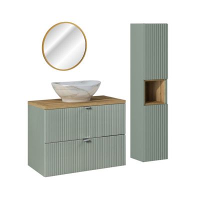 Ensemble meuble simple vasque 80cm 2 tiroirs miroir LED et colonne Jade Vert et Bois