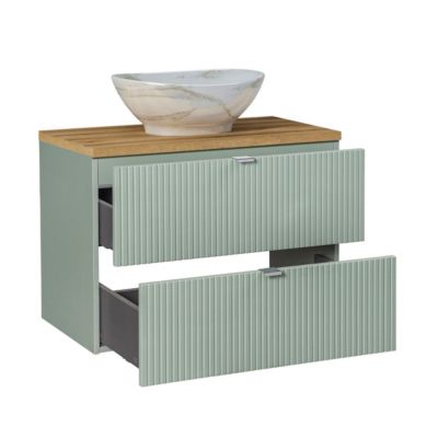 Ensemble meuble simple vasque 80cm 2 tiroirs miroir LED et colonne Jade Vert et Bois