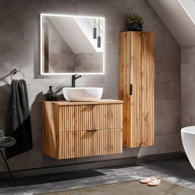Ensemble meuble simple vasque 80cm miroir LED et colonne Adriel Bois