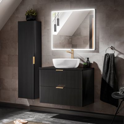 Ensemble meuble simple vasque 80cm miroir LED et colonne Adriel Noir