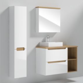 Ensemble meuble simple vasque 90cm 2 niches et colonne Livia Blanc et Bois