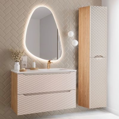 Ensemble meuble simple vasque encastrée droite 90cm et colonne Elora Beige et bois
