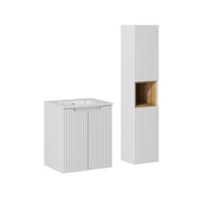 Ensemble meuble simple vasque encastree 50cm 2 portes et colonne Riva Blanc et Bois