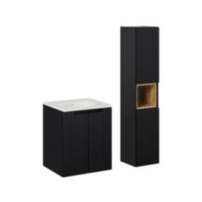 Ensemble meuble simple vasque encastree 50cm 2 portes et colonne Riva Noir et Bois