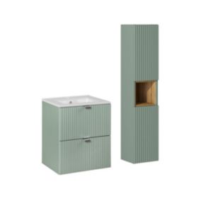 Ensemble meuble simple vasque encastree 50cm 2 tiroirs et colonne Jade Vert et Bois