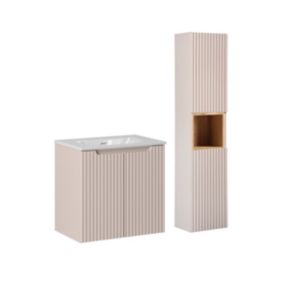 Ensemble meuble simple vasque encastree 60cm 2 portes et colonne Riva Cachemire et Bois