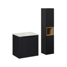 Ensemble meuble simple vasque encastree 60cm 2 portes et colonne Riva Noir et Bois