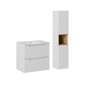 Ensemble meuble simple vasque encastree 60cm 2 tiroirs et colonne Riva Blanc et Bois