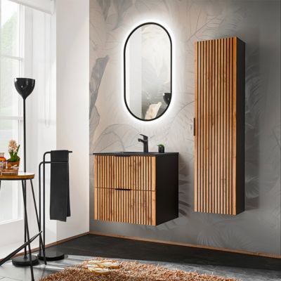Ensemble meuble simple vasque encastree 60cm miroir LED et colonne Gaia Bois et Noir - Vasque Noir