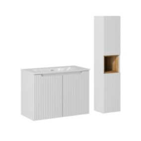 Ensemble meuble simple vasque encastree 80cm 2 portes et colonne Riva Blanc et Bois