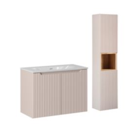 Ensemble meuble simple vasque encastree 80cm 2 portes et colonne Riva Cachemire et Bois