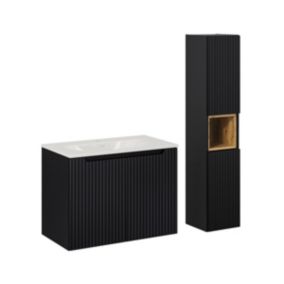 Ensemble meuble simple vasque encastree 80cm 2 portes et colonne Riva Noir et Bois