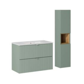 Ensemble meuble simple vasque encastree 80cm 2 tiroirs et colonne Jade Vert et Bois