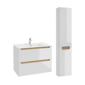 Ensemble meuble simple vasque encastree 80cm 2 tiroirs et colonne Livia Blanc et Bois