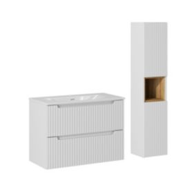 Ensemble meuble simple vasque encastree 80cm 2 tiroirs et colonne Riva Blanc et Bois