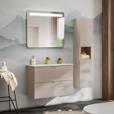Ensemble meuble simple vasque encastree 80cm 2 tiroirs miroir LED et colonne Manoa Cachemire et Bois