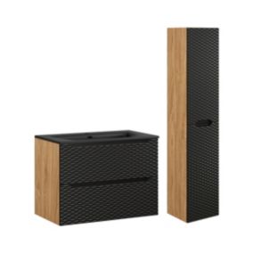 Ensemble meuble simple vasque encastree 80cm et colonne Elora Noir et bois