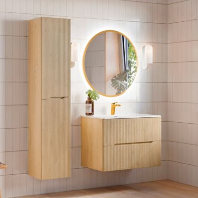 Ensemble meuble simple vasque encastree 80cm et colonne Isaline Bois