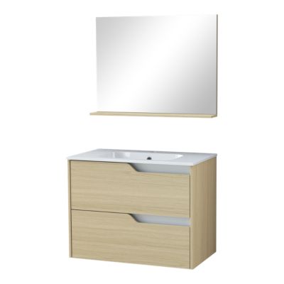 Ensemble meuble sous-vasque 2 tiroirs l. 80 cm + plan vasque + miroir, décor bois, Tolima