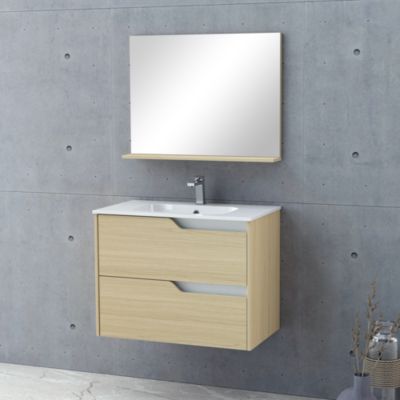Ensemble meuble sous-vasque 2 tiroirs l. 80 cm + plan vasque + miroir, décor bois, Tolima