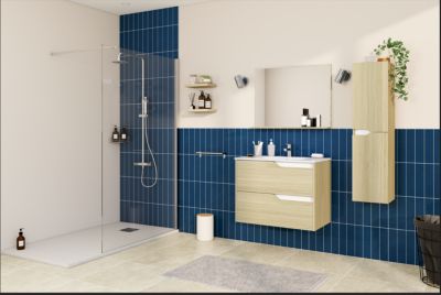 Ensemble meuble sous-vasque 2 tiroirs l. 80 cm + plan vasque + miroir, décor bois, Tolima