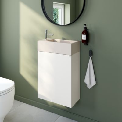 Ensemble meuble sous vasque à suspendre Imandra blanc mat l.44 cm + plan vasque lave-mains béton beige moucheté