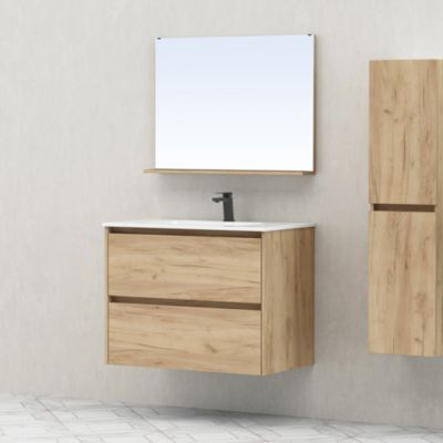 Ensemble meuble sous vasque à suspendre l.80 cm Teide décor bois + plan vasque + miroir