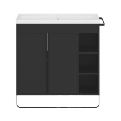 Ensemble meuble sous vasque faible profondeur noir avec porte-serviettes + plan vasque céramique blanc, l.85 x H.82 x P.36 cm, GoodHome Maza