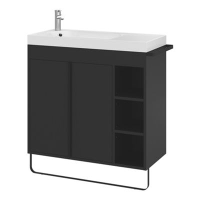 Ensemble meuble sous vasque faible profondeur noir avec porte-serviettes + plan vasque résine blanc, l.85 x H.82 x P.36 cm, GoodHome Maza
