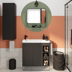 Ensemble meuble sous vasque faible profondeur noir avec porte-serviettes + plan vasque résine blanc + miroir, l.85 x H.82 x P.36 cm, GoodHome Maza