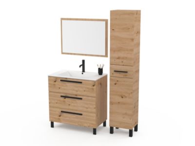 Ensemble meuble sous vasque l.80 cm + plan vasque + miroir effet bois, Ondise