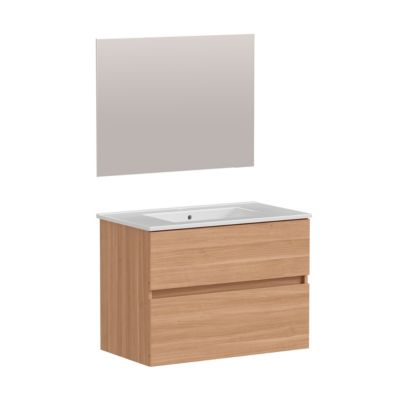 Ensemble meuble sous vasque Nia l.80 cm effet noyer + plan vasque blanc + miroir