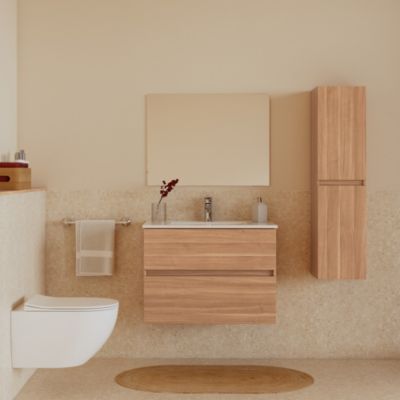 Ensemble meuble sous vasque Nia l.80 cm effet noyer + plan vasque blanc + miroir