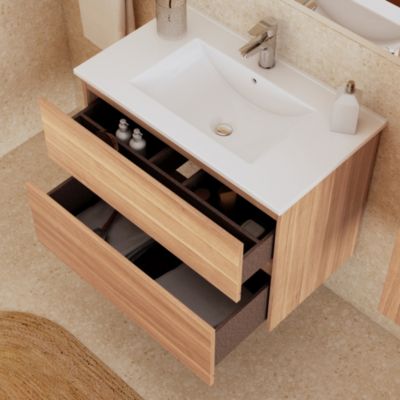 Ensemble meuble sous vasque Nia l.80 cm effet noyer + plan vasque blanc + miroir
