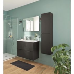 Ensemble meuble sous vasque noir mat + vasque céramique blanche, l.81 x H.68 x P.47 cm + miroir l.80 x L.60 cm, Milo