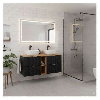 Ensemble meuble sous vasque NOXERA 140 cm  Noir mat et chene  2 meubles et 2 niches et plan pour vasques