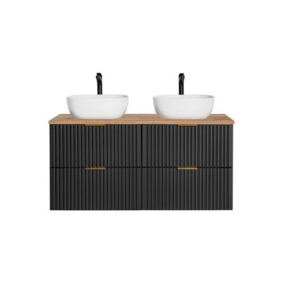 Ensemble meuble sous vasque NOXERA 140 cm  Noir mat et chene  2 meubles et 2 niches et plan pour vasque