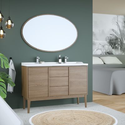 Ensemble meuble sous vasque placage bois Kabayan + plan double vasque céramique blanc Lana l.120 cm