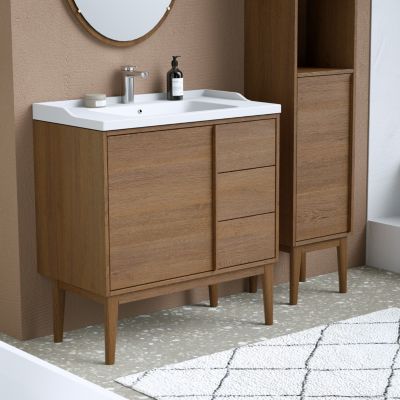 Ensemble meuble sous vasque placage bois Kabayan + plan vasque céramique blanc Lana l.80 cm