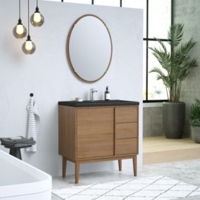 Ensemble meuble sous vasque placage bois Kabayan + plan vasque céramique noir Nira l.80 cm