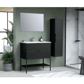 Ensemble meuble sous vasque + plan vasque céramique l.80 x H.82 x P.46 cm + miroir, noir, Step
