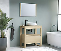 Ensemble meuble sous vasque + vasque à poser en céramique l.80 x H.87 x P.46 cm + miroir, imitation chêne, Duplex