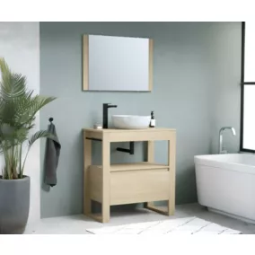 Ensemble meuble sous vasque + vasque à poser en céramique l.80 x H.87 x P.46 cm + miroir, imitation chêne, Duplex