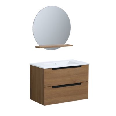 Ensemble meuble suspendu effet bois 2 tiroirs + vasque en céramique blanche l.80 cm + 1 miroir Ø70 cm