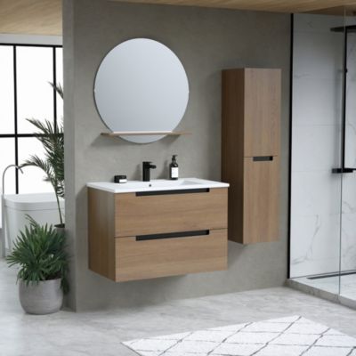 Ensemble meuble suspendu effet bois 2 tiroirs + vasque en céramique blanche l.80 cm + 1 miroir Ø70 cm