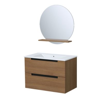 Ensemble meuble suspendu effet bois 2 tiroirs + vasque en céramique blanche l.80 cm + 1 miroir Ø70 cm